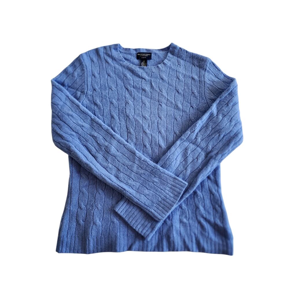 American Eagle Blue Cable Knit Sweater Lambswool Angora Blend Womens Medium